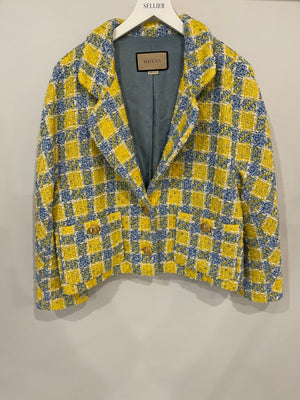 Gucci Yellow and Blue Embellished Tweed Jacket with Gold Logo Buttons Size IT 40 (UK 8) RRP £2,300