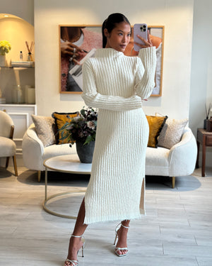 The Row Cream Ribbed Delilah Long Sleeve Mid Neck Dress Size XS (UK 8)