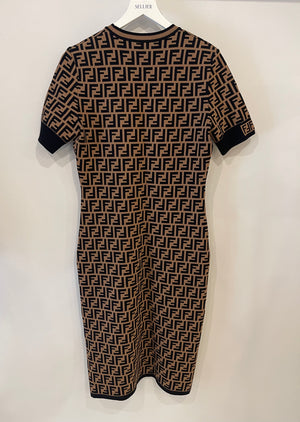 Fendi Brown and Black FF Logo Short-Sleeve Midi Dress Size IT 44 (UK 12) RRP £1,450