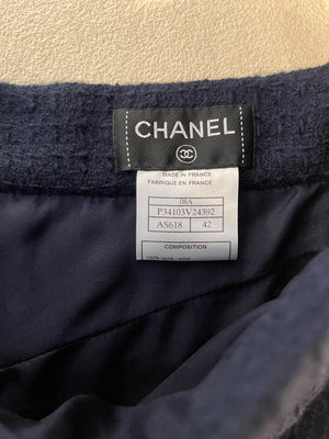 Chanel 08A Navy Tweed Jacket and Midi Skirt Set with Silver CC Logo Details Size FR 42 (UK 14)