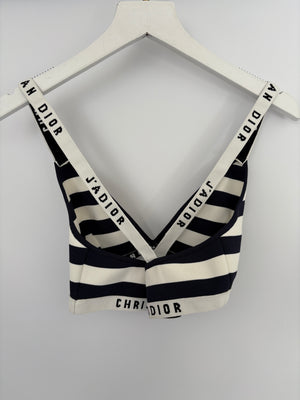 Christian Dior Navy and White Stripe Logo Bralette Top Size M (UK 10)