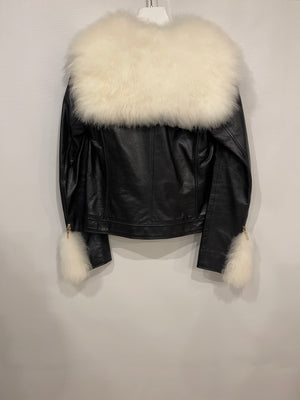 Chanel Black Leather Asymmetric Jacket with White Fur Details and Logo Buttons Detail Size FR 34 (UK 6)