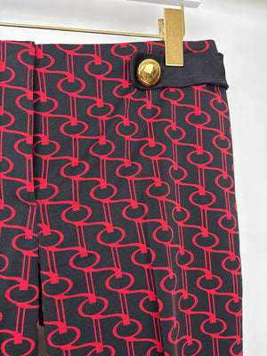 Prada Black & Red Repeating Motif Trousers with Satin Belt and Gold Button Detail Size 42 (UK 10)