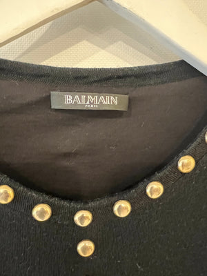 Balmain Black Long-Sleeve Jumper with Gold Studs Details Size FR 40 (UK 12)