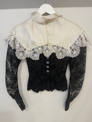 Dolce & Gabbana Black Mesh Long-Sleeve White Lace and Silk Collar Corset Top with Crystal Button Details Size IT 40 (UK 8)