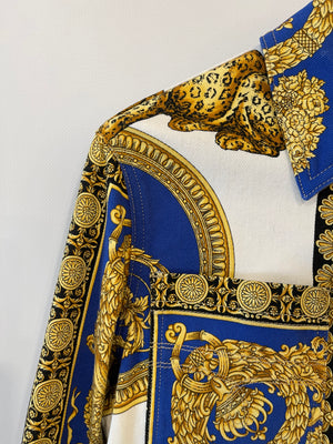 Versace Gold, Blue and White Cropped Denim Jacket with Printed and Button Details Size IT 44 (UK 12)