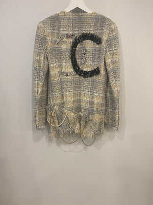 Chanel 05P Yellow and Grey CC Logo Tweed Jacket with Pearl and Chain Detail Size FR 36 (UK 8)