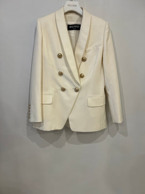 Balmain Cream Wool Blazer Jacket with Gold Buttons and Shoulder Pads Size FR 42 (UK 14)