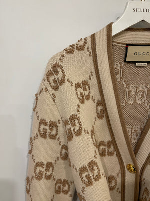 Gucci Cream and Light Brown GG Knit Wool Blend Maxi Belted Cardigan with Gold Buttons Size M (UK 10)