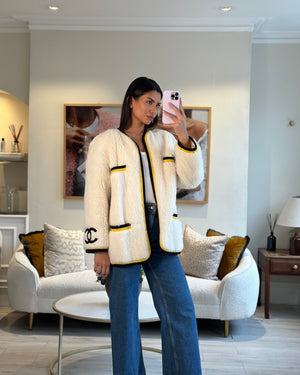 *SUPER RARE* Chanel 94A White Alpaca Varsity Jacket with Black & Yellow Trim and CC Logo Detail Size FR 40 (UK 12)