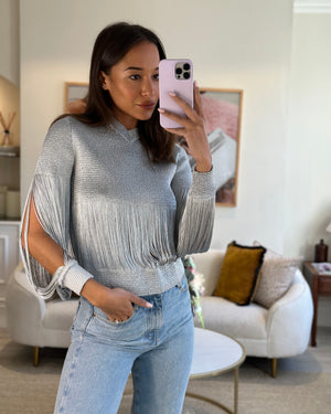 Bottega Veneta Silver Metallic Jumper with Fringe Details Size S (UK 8) RRP £1210