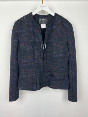 Chanel 02A Navy and Multi-Colour Tweed Long Sleeve Jacket with Zip Details Size FR 42 (UK 14)