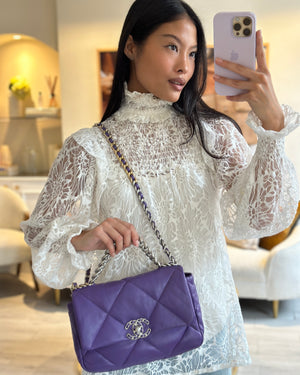 Chanel Purple Medium 19 Bag in Quilted Goatskin Leather with Mixed Hardware