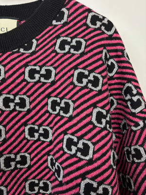 Gucci Black and Pink Striped Short Sleeve Knit Jumper with Silver Thread GG Logo Detail Size IT 40 (UK 8)