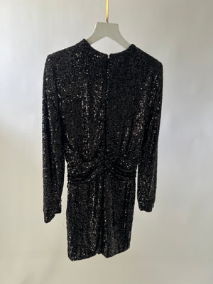 Saint Laurent Black Long Sleeve Sequin Mini Dress with Ruched Waist Detail FR 36 (UK 8)