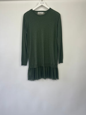 Valentino Green Cashmere Long Sleeve Dress with Tulle Hem Detail Size S IT 40 (UK 8)