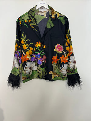 Borgo De Nor Black and Multi-Colour Jungle Print Trousers and Jacket Silk Set with Ostrich Feather Sleeve Detail Size UK 6