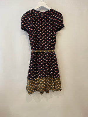 Louis Vuitton Black and Khaki Heart Printed Silk Mini Dress with Belt Size FR 36 (UK 8)