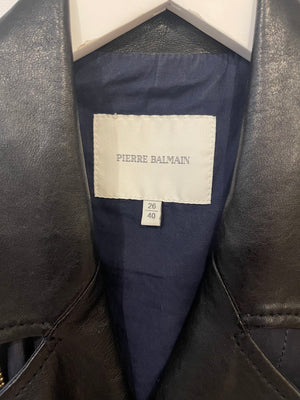 Pierre Balmain Navy and Black Sleeveless Leather Jacket with Gold Button Details Size FR 40 (UK 12)