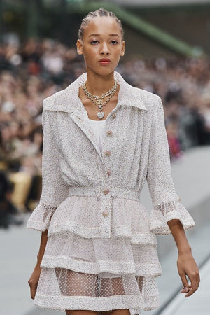 *RUNWAY* Chanel Spring/Summer 2020 Beige Long Sleeve Dress with Mesh Polkadot & CC Buttons Details Size FR 36 (UK 8)