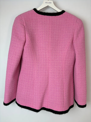 Alessandra Rich Fuchsia Pink Tweed Double Breasted Jacket with Gold Button Detail Size IT 44 (UK 12)