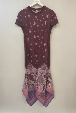 Hermès Purple and Pink Silk Short-Sleeve Maxi Dress with Star Details Size FR 36 (UK 8)