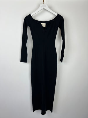 Khaite Black Stretch-Knit Long Sleeve Maxi Dress With Sweetheart Neckline Size XS (UK 6)