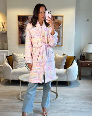 *SUPER HOT* Chanel Resort 2024 Pink & White Robe Coat with Belt & Multi-Coloured Chanel Logo Details Size FR 36 (UK 8)