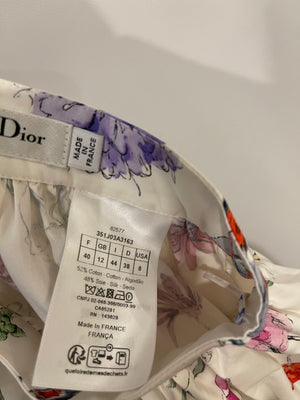 Christian Dior White Midi Skirt with Multicolour Floral Prints and Logo Size FR 40 (UK 12)