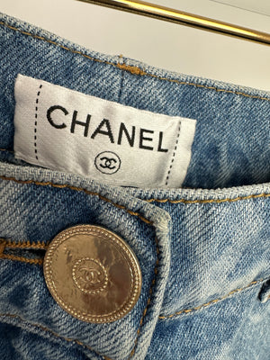 *HOT* Chanel CC Printed Wide Leg Jeans with Sequinned CC Logo Back Pocket Details Size FR 34 (UK 6)