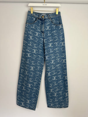 *HOT* Chanel CC Printed Wide Leg Jeans with Sequinned CC Logo Back Pocket Details Size FR 34 (UK 6)