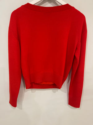 *HOT* Chanel Red Cashmere Jumper with Pearl Crystal Embellished Logo Size FR 40 (UK 12)