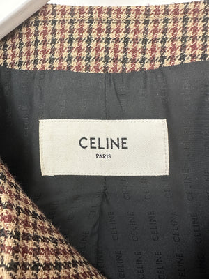 Celine Brown Houndstooth Collarless Jacket with Front Pockets and Gold Crest Buttons Size FR 42 (UK 14)