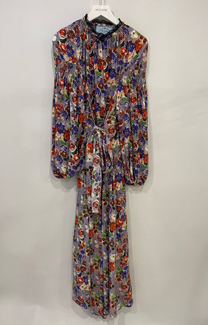 Prada Purple & Red Floral Long Sleeve Maxi Dress with Belt Detail Size IT 40 (UK 8)