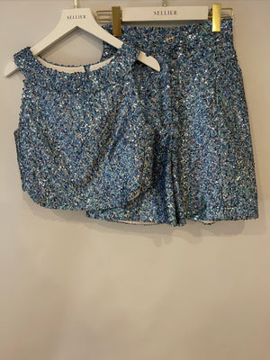 *HOT* Chanel 19P Blue Sequin Cropped Top and Short Set with Embellished Buttons Size FR 34 (UK 6) RRP £9,150