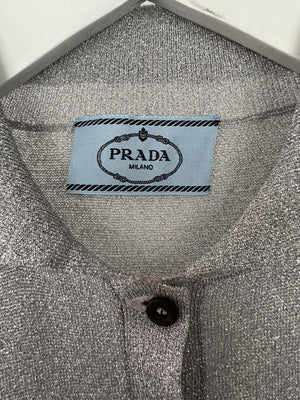 Prada Metallized Silver Cropped Button Down Polo Top IT 40 (UK 8)