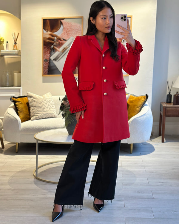 Gucci Red Wool Mid Length Coat with Frill Detail and Pearl Logo Buttons Size IT 40 (UK 8)