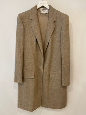 Chanel Sand Beige Linen Long Jacket with Silver CC Button Detail Size FR 40/42 (UK 12/14)