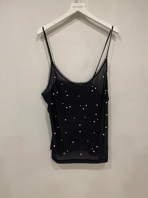 Chanel Black Tank Top with Pearl Embellishments and CC Logo Detail Size FR 38 (UK 10)