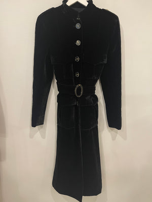 Chanel Black Velvet Belted Coat with Perspex CC Button Details Size FR 34 (UK 6)