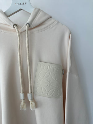 Loewe Menswear White Cotton Hoodie With Leather Anagram Logo Pocket Detail Size XL