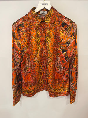 Fendi Orange Silk Printed Long-Sleeve Button Down Shirt Size IT 40/42 (UK 8/ 10)