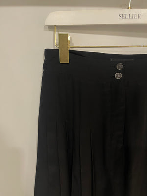 Chanel Cruise 2005 Black Silk Pleated Mini Skirt with Lace Trim and CC Buttons Size FR 38 ( UK 10)