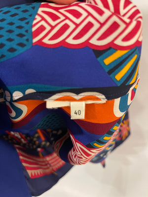 Hermès Royal Blue and Orange Silk Blouse and Matching Short Set with Printed Details Size FR 40 (UK 12)