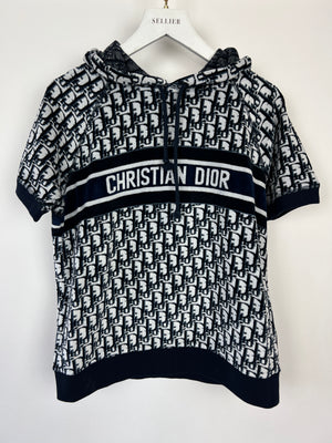 Christian Dior Blue Oblique Print Short Sleeve Hooded Towelling Top Size XS (UK 6)