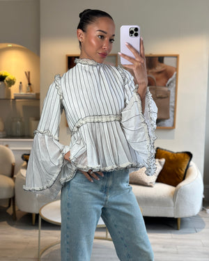 Chanel Spring 2017 White Silk Striped Ruffle Long-Sleeve Top Size FR 36 (UK 8)