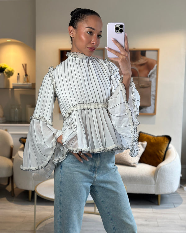 Chanel Spring 2017 White Silk Striped Ruffle Long-Sleeve Top Size FR 36 (UK 8)