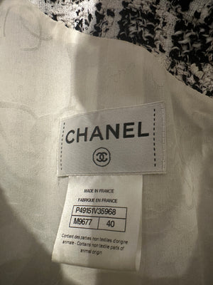 Chanel Black and White Tweed Off-Shoulder Mini Dress with Camélia Flower and Crystal Details Size FR 40 (UK 12)