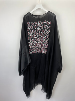 Christian Dior Black Long Sleeve Cape Dress with Pink Sequins Floral Detail Size FR 38 (UK 10)RRP4500£