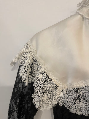 Dolce & Gabbana Black Mesh Long-Sleeve White Lace and Silk Collar Corset Top with Crystal Button Details Size IT 40 (UK 8)